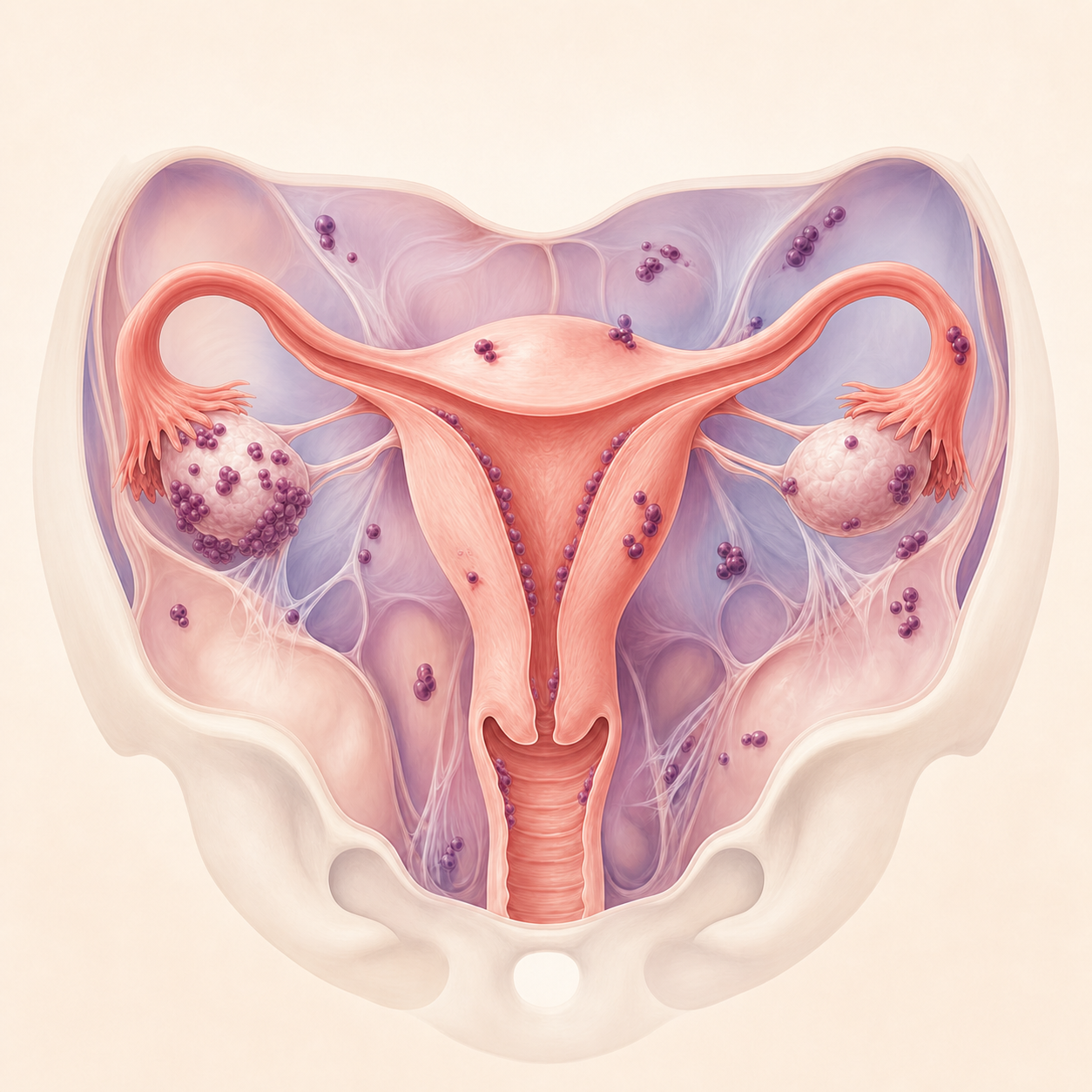Illustration of endometriosis affecting pelvic tissue near the uterus and ovaries